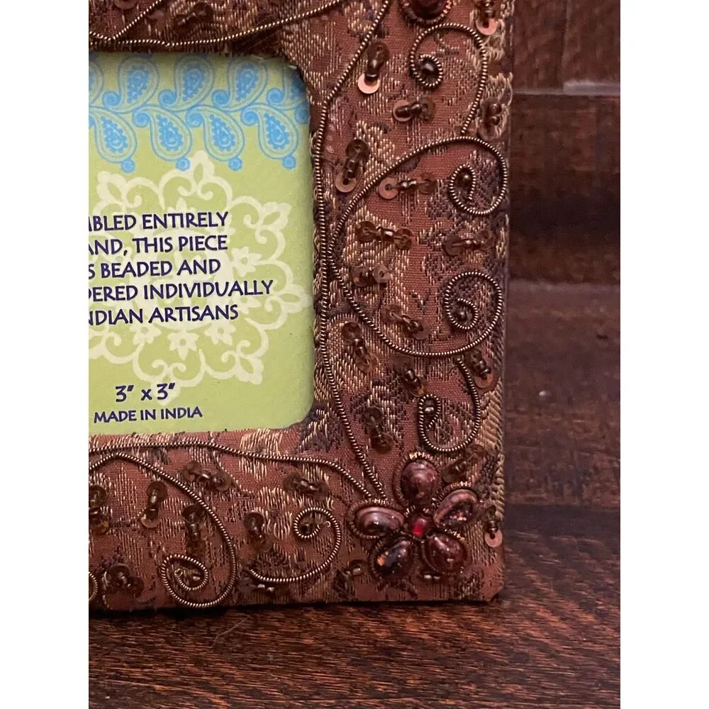 Handmade Indian Beaded Embroidered Photo Frame 3x3 Zari Floral Boho Brown